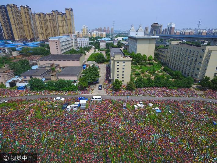 Aerial photo of abandoned shared bikes in a Chinese city
